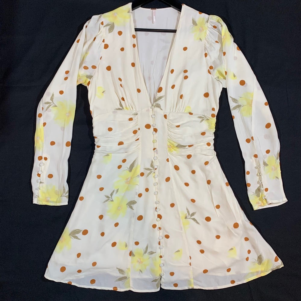Free People Mini Dress Women M White Floral Polka Dot Button Up Cottagecore Boho